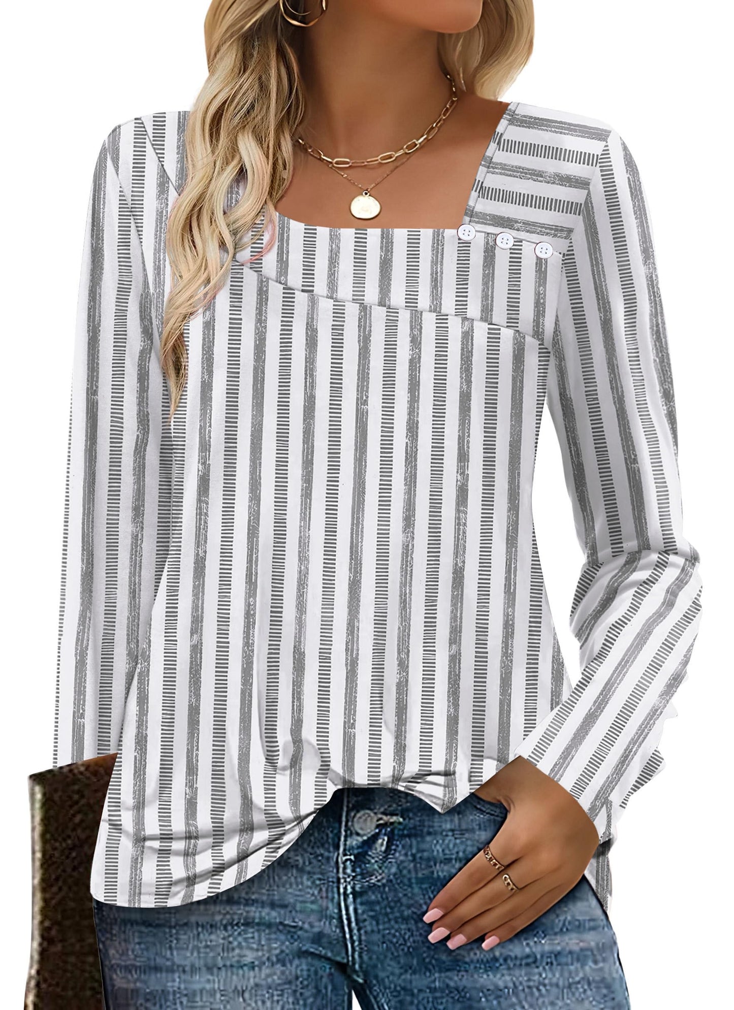 OFEEFAN Long Sleeve Shirts for Women Fall Clothes Asymmetric Square Neck Tunic Tops Decorative Buttons