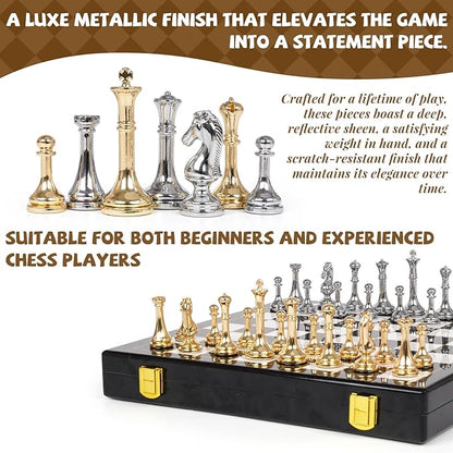 Metal Chess Set for Adults &amp Kids Zinc Alloy Chess Pieces with Marbled Chess Board 11.5 Inch Travel Chess Set with Two Extra Queens Classic Strategy Board Game for Beginners Professionals