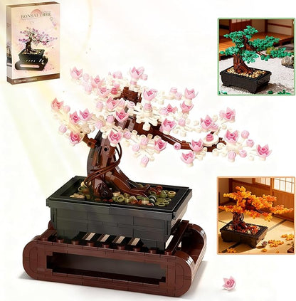 3IN1 Cherry Blossom Bonsai Tree Building Blocks Set Botanicals 3 Season Leaf Bonsai Tree Building Bricks Compatible with Lego Pink Flowers Plant Home Office Decor Ideal Gift for Adult Teen(1229PCS)