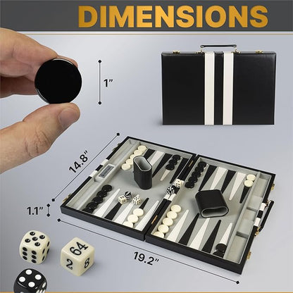 Backgammon Sets for Adults – 15-Inch Black PU Leather Board Game Set – Classic 2-Player Travel Backgammon Set with 32 Playing Pieces Dice and Cups