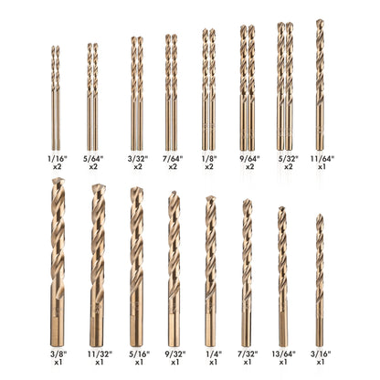 AMOOLO Cobalt Drill Bit Set 23Pcs (1/16"-3/8"), M35 High Speed Steel Metal Drill Bits Jobber Length for Hardened Metal, Stainless Steel, Cast Iron, Plastic and Wood