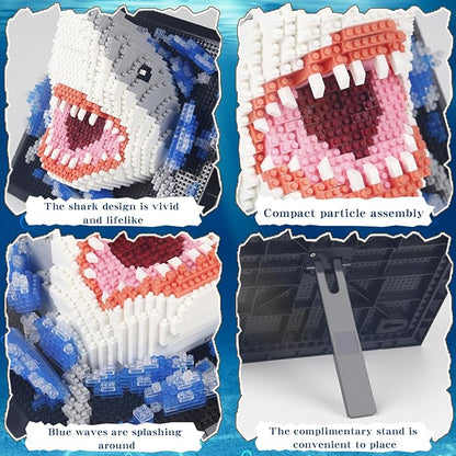 1800PCS Animal Shark 3D Wall Art Micro Mini Building Blocks Set not Compatible with Lego SizeUnique Home or Table Decor Painting with Specialized TweezersPresent DIY Shark Toy for 14+