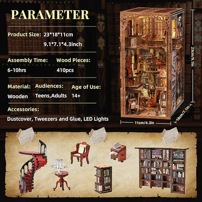 DIY Book Nook Kit - 3D Miniature Wooden Scene with LED Lights Dustcover &amp Tools for Shelf Decor (Abbey Library)