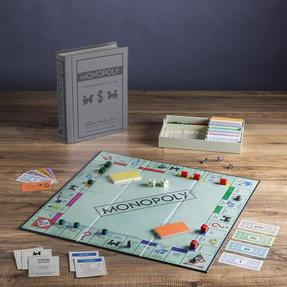 WS Game Company Monopoly Vintage Bookshelf Edition Board Game Premium Fabric-Wrapped Book Storage Box with Retro Graphics Wooden Houses Strategy Board Games for Kids Adults &amp Family Ages 8+