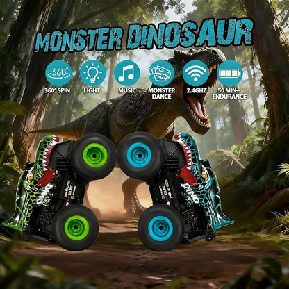 DYODYORC Remote Control Car 2.4Ghz All Terrain Dinosaur Monster Truck Toys RC Truck with Music 3 Lighting Effects 360 Stunt Capable 2 Batteries Ready to Run Toy Gifts for Boys and Girls (Cyan)