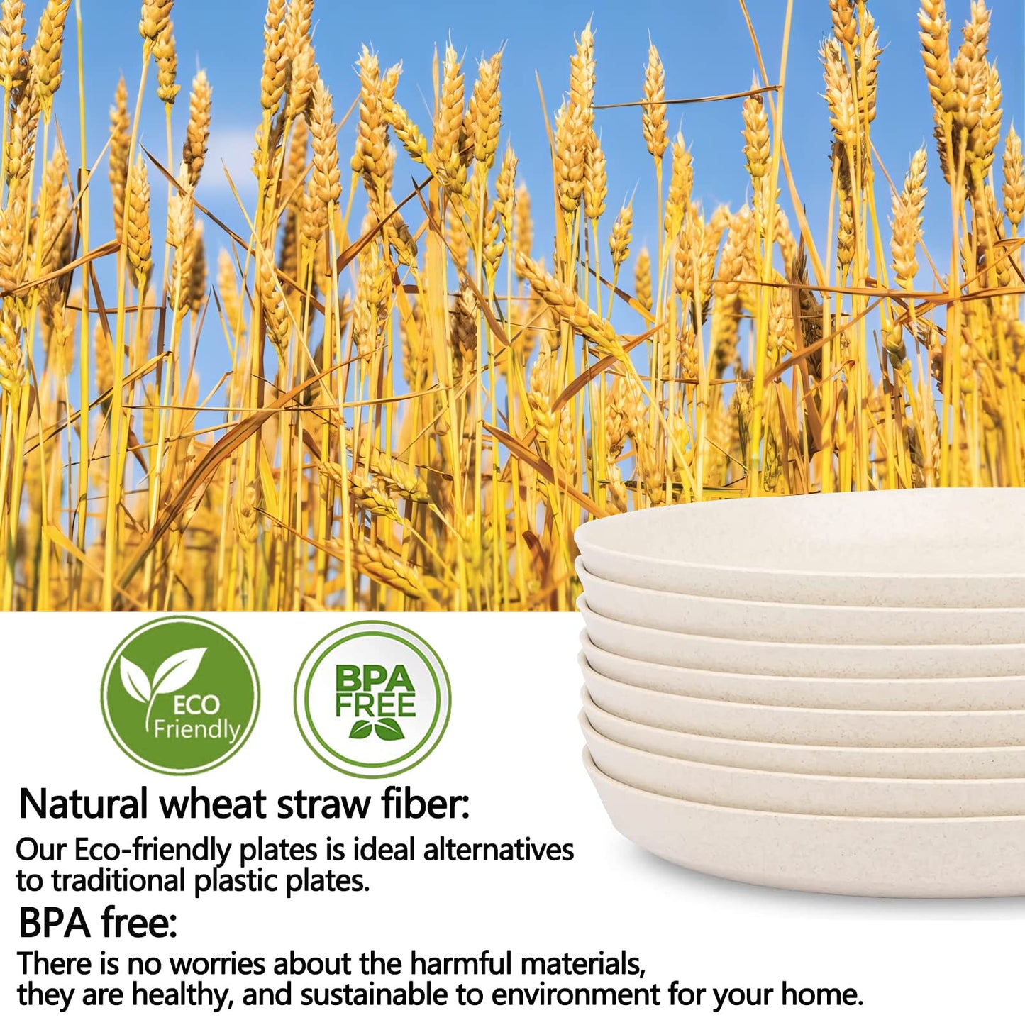 【Non Ceramic】 9 Inch Dinner Plates,BPA-Free Wheat Straw & Plastic Plates,Off White Plate Set Dishwasher and Microwave Safe Plates - Set of 8
