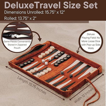 Sondergut Roll-up Portable Suede Deluxe Backgammon Game Set- Elegant Design Engraved Wood Stones Pop-Up Playing Field - Ideal for RV Travel Cruise Airplane Camping Backpacking Road Trips Etc.