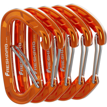 FresKaro 5pack Carabiner Clips Heavy Duty, Small Sturdy Key Keychain Accessory, Strong High Strength 8kN/1798lbs, Wire Gate, Ultra Lightweight, 7075 Aluminum, Rust Free, D-Shape, Orange