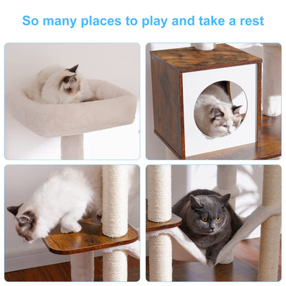 Hey-brother Wooden Cat Tree, 66.1“ Cat Furniture with Scratching Posts, Modern Cat Tower with hammocks, Toys, cat condo, Rustic Brown MPJ120SR