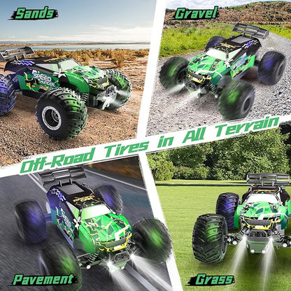 Remote Control Car RC Cars All Terrain Monster Truck Outdoor 2WD Off Road Hobby RC Truck with 2 Rechargeable Batteries and Colorful Light 20Km/h Fast RC Car Toys Gift for Kids Boys