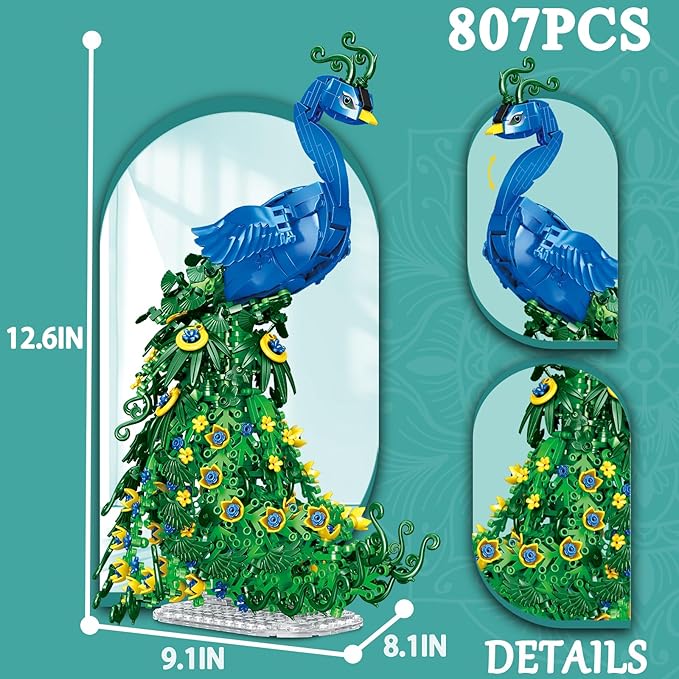 Flowers Peacock Building Block Set Fly Animal Art Bird Peacock on Botanicals Green Vivid Feather DIY Bonsai Tree Bricks Kit Home Office Decor Ideal Valentine's Day Toy Gift for Lover Teen(807PCS)
