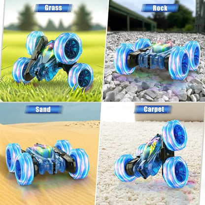 Remote Control CarStunt RC Cars For Kids with Colorful LightFast USB-C ChargingDouble-Sided 360° Rotating Rechargeable 4WD RC Truck Car Toys for Ages 5-7 Gift for Boys Girls Ages 8-12(Blue)