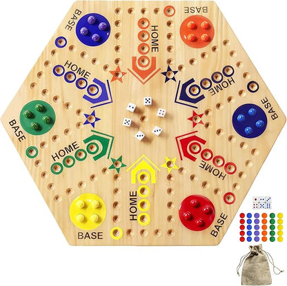 Wooden Board Game Original Marble Game Double Sided Painted 2 to 6 Player Fast Track Board Game Wooden with 6 Colors 24 Marbles 6 Dice for Adults Kids Family(20 INCH)