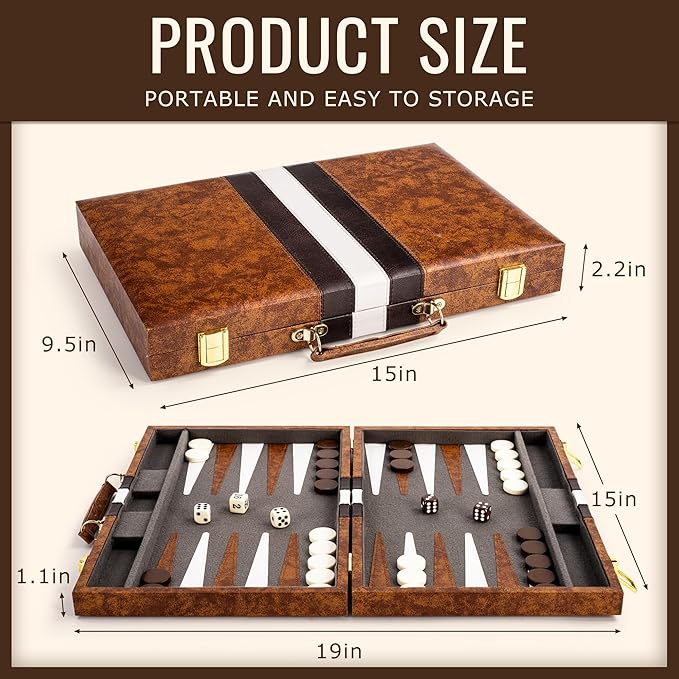 ropoda Backgammon Board Game Set (15 Inches) for Adults and KidsClassic Board Strategy GamePortable and Travel Backgammon Set with Premium Leather CaseBest Strategy &amp Tip Guide
