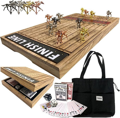 Horse Racing Game for Adults Foldable Horse Race Board Game with 11 Luxurious Metal Horses (Gold Silver Black Bronze) 24” Wood Horse Race Game Board Big Dice 2Card &amp Bag (Log1)