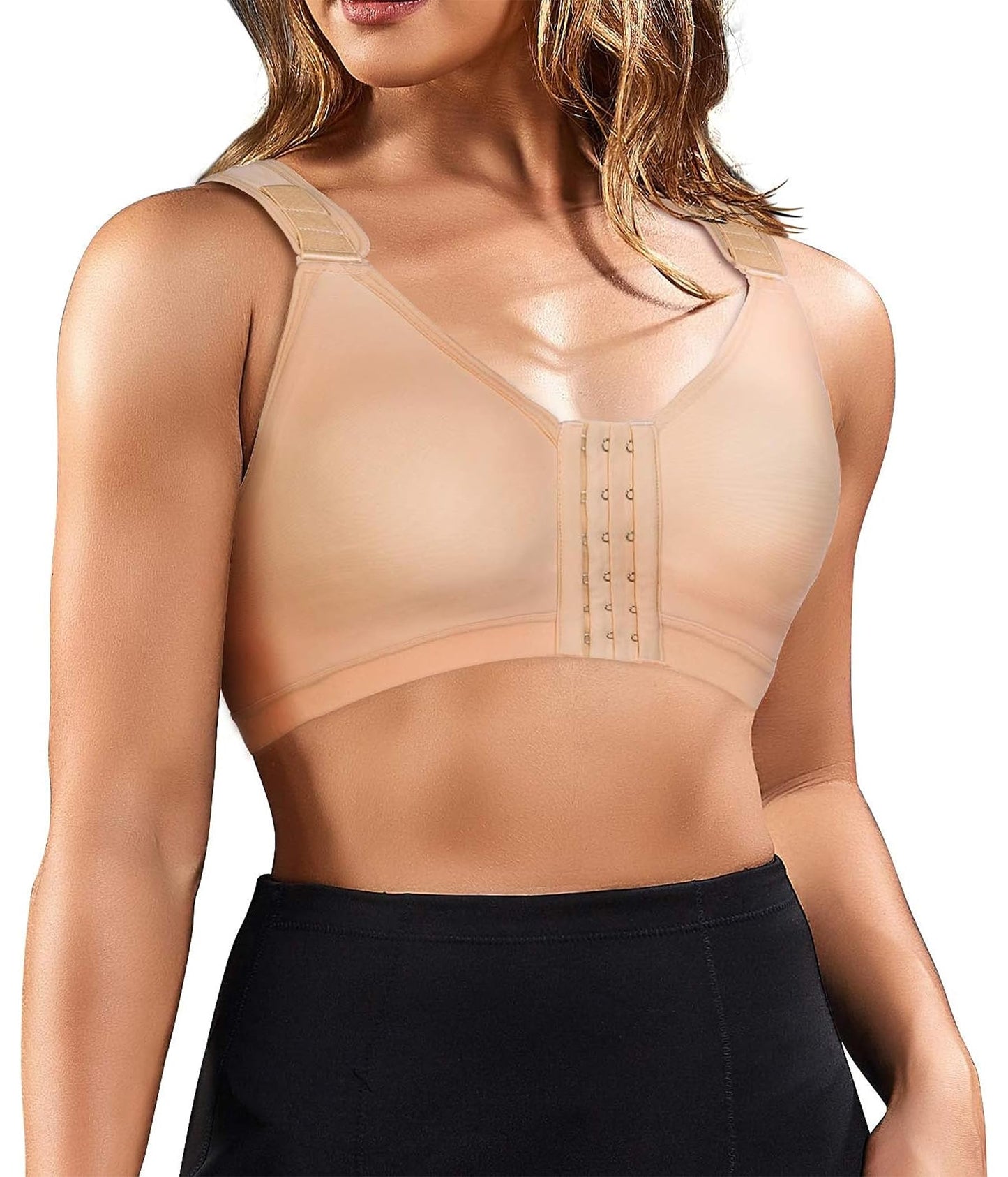 BRABIC Women Post-Surgical Sports Support Bra Front Closure with Adjustable Straps Wirefree Racerback (Beige, 2XL (fit for 40B 40C 42A 42B))