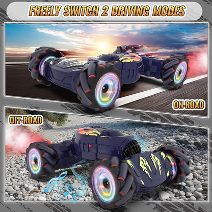 Pristar RC Cars Gesture Sensing RC Stunt Car Toys for Boys Girls 6-12 2.4Ghz 4WD Remote Stunt Car with Spray Lights Music 360° Rotate Fast Off-Road Transform Birthday Xmas Gifts for Kids Age 6-12