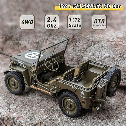 WOWRC RocHobby 1/12 1941 MB Scaler RC Jeep 4x4 Hobby Grade RTR RC Car Mini RC Rock Crawler Military 2.4Ghz RC Truck with LED Lights Battery and USB Charger for Adults