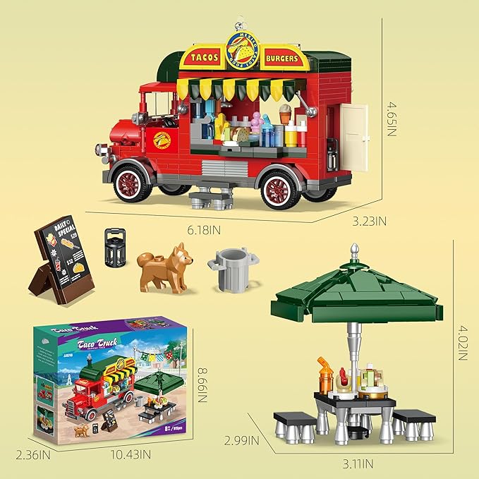 Taco Food Truck Building Set Building Toy Pretend Play Set for Kids Girls and Boys Dining Table &amp Chair Menu Hot Dog Sauces Fun Gift Idea for Birthdays &amp Holidays Friend Building Time