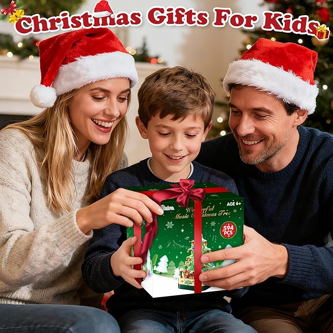 Shemira 594 PCS Christmas Tree Building Block Toy Set Rotating Christmas Music Box Toy Building Sets for Kids Boys Girls Teens Christmas Toys Decoration for Kids Adult Green