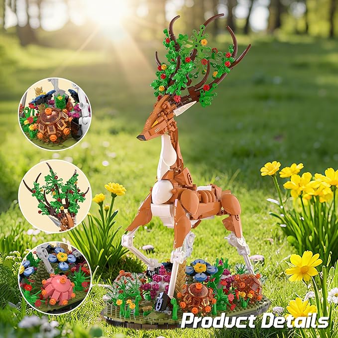 Elk Building Set with Flowers for Adults Compatible with Lego Animal Deer Botanical Collection Model for Home Office Art Decor -1220PCS