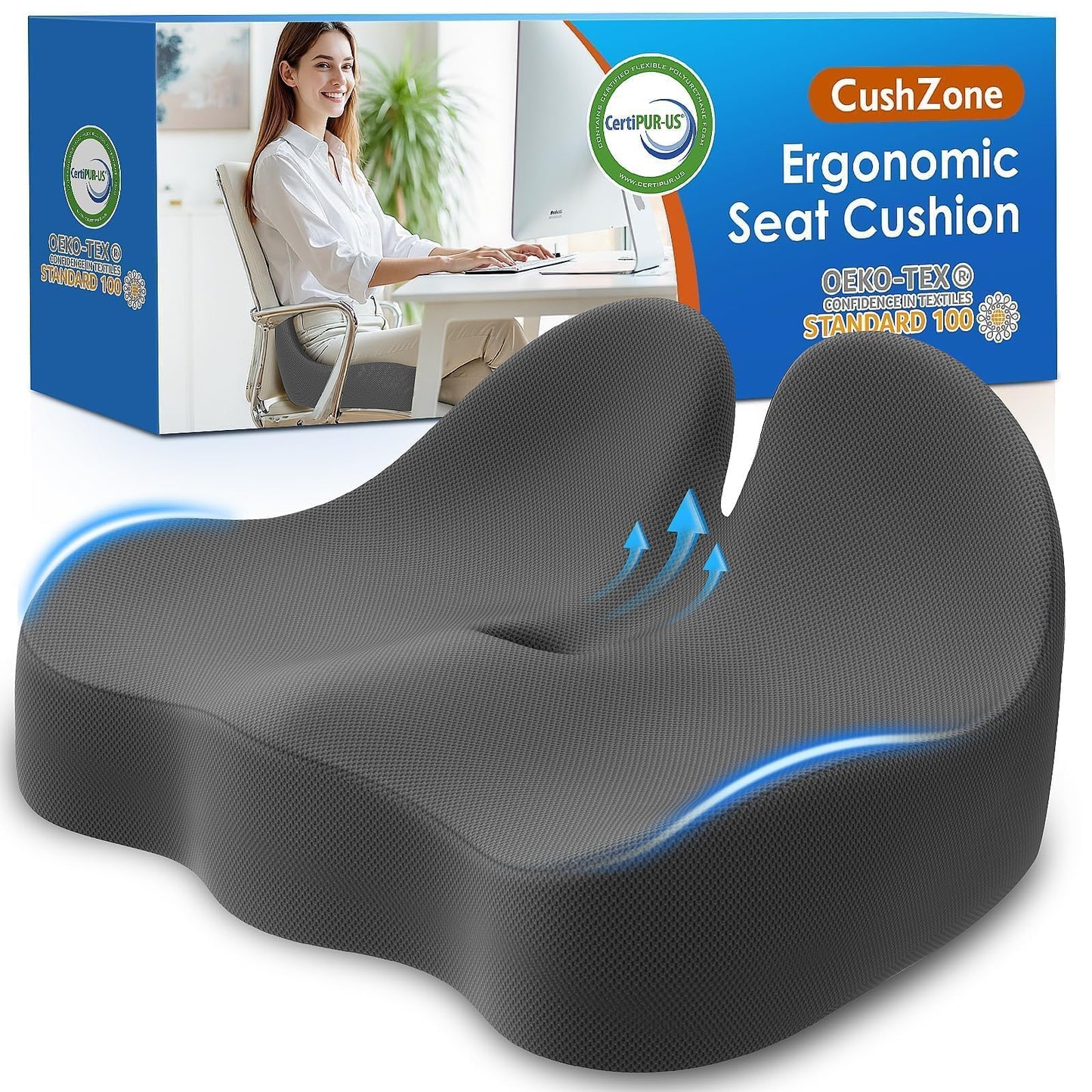 Cushzone Seat Cushion, Memory Foam Office Chair Cushions, Ergonomic Curved Design for Sciatica, Tailbone, Coccyx, Seat Support for Car, Desk Chair, Wheelchair, Enhances Long Sitting Comfort (Grey)