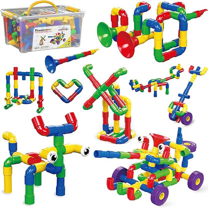 PicassoTiles PTT136 136pcs Tubular Pipes &amp Spout STEAM Interlocking Educational Building Block Set Tube Locks Pipeworks Construction Blocks w/Storage Container Box Idea Book Flute Musical Kit