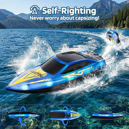 Remote Control Boat for Kids RC Boat for Pool Lake River and Pond with LED Lights Self-Righting Waterproof Fast Speed Racing Electric Boats 2 Speed Modes 60mins Rechargeable Batteries