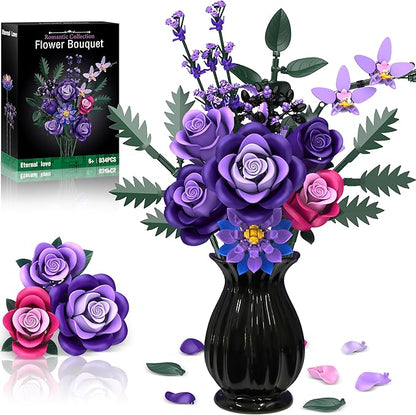 Purple Roses Flower Bouquet Building Sets 834PCS Artificial Flowers Botanical Collection Compatible with Lego Flowers for Adults Gothic Decor Valentines Day Gifts for Her Women Wife Girlfriend Mom