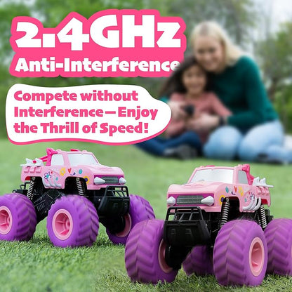 Threeking 1:16 Waterproof Pink RC Monster Truck Toys Amphibious Remote Control Car Pickup 4WD All-Terrain Toy Gift for Girls Ages 6 7 8 9 10 11 12 Durable Off-Road Fun for Indoor &amp Outdoor Play