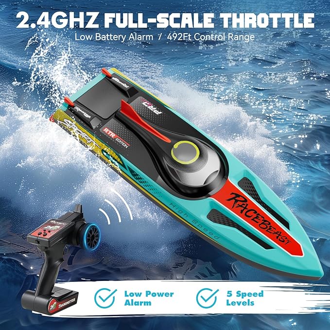 Brushless RC Boat 40+MPH Remote Control Boats for Adults Kids 19 Big Racing Boat for Salt Water Lake River with Self-Righting LED Lights Fishing Function Fast High Speed with Carry Bag