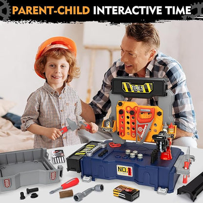 Kids Tool Bench with Electric Drill and Chair Christmas Birthday Gift for Boys Girls Age 345+ Fun Play Kids Workbench Transformable Toddler Tool Box Set Construction Tool Toys for Toddler 3-5
