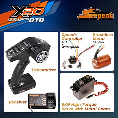 Serpent X20 1/10 RC Touring Car RTR 4WD Fast Electric RC Car with Brushless Motor Carbon Fiber &amp CNC Aluminum Parts High Speed Batteries and Charger Not Included (Orange)