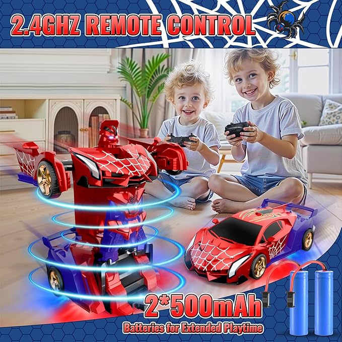 Spider Transform RC Cars Toys with Eye &amp Underbody Lights 2.4GHz Remote Control Car One-Button Deformation Fast 360°Rotation Robot Toys Birthday Gifts for 3 4 5 6 7 8 9 10 Year Old Boys Age 4-7