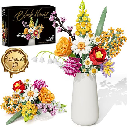 Flowers Bouquet Building Set 1070PCS Wildflower Botanical Collection Artificial Plant Flower Kit Toy for Adults Kids Women Her Home Decor Gift for Birthday Christmas Valentines(No Vase)