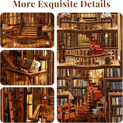 DIY Book Nook Kit - 3D Miniature Wooden Scene with LED Lights Dustcover &amp Tools for Shelf Decor (Abbey Library)