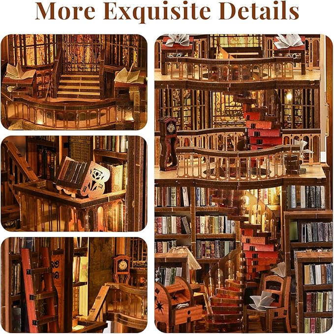 Book Nook Library Kit DIY Miniature Dollhouse Booknook Kit 3D Wooden Puzzle Bookend Bookshelf with LED Light for Adults Teens (Abbey Library)