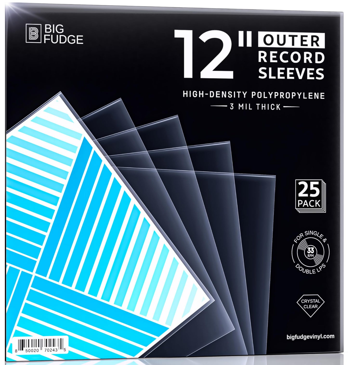 BIG FUDGE 25x Vinyl Record Sleeves 12" LP - Durable & Wrinkle-Free Outer Sleeves - Crystal Clear & High-Density Polypropylene - 3 mil Thick, 12.75” x 12.75” - Fits Most Gatefolds and Double LPs