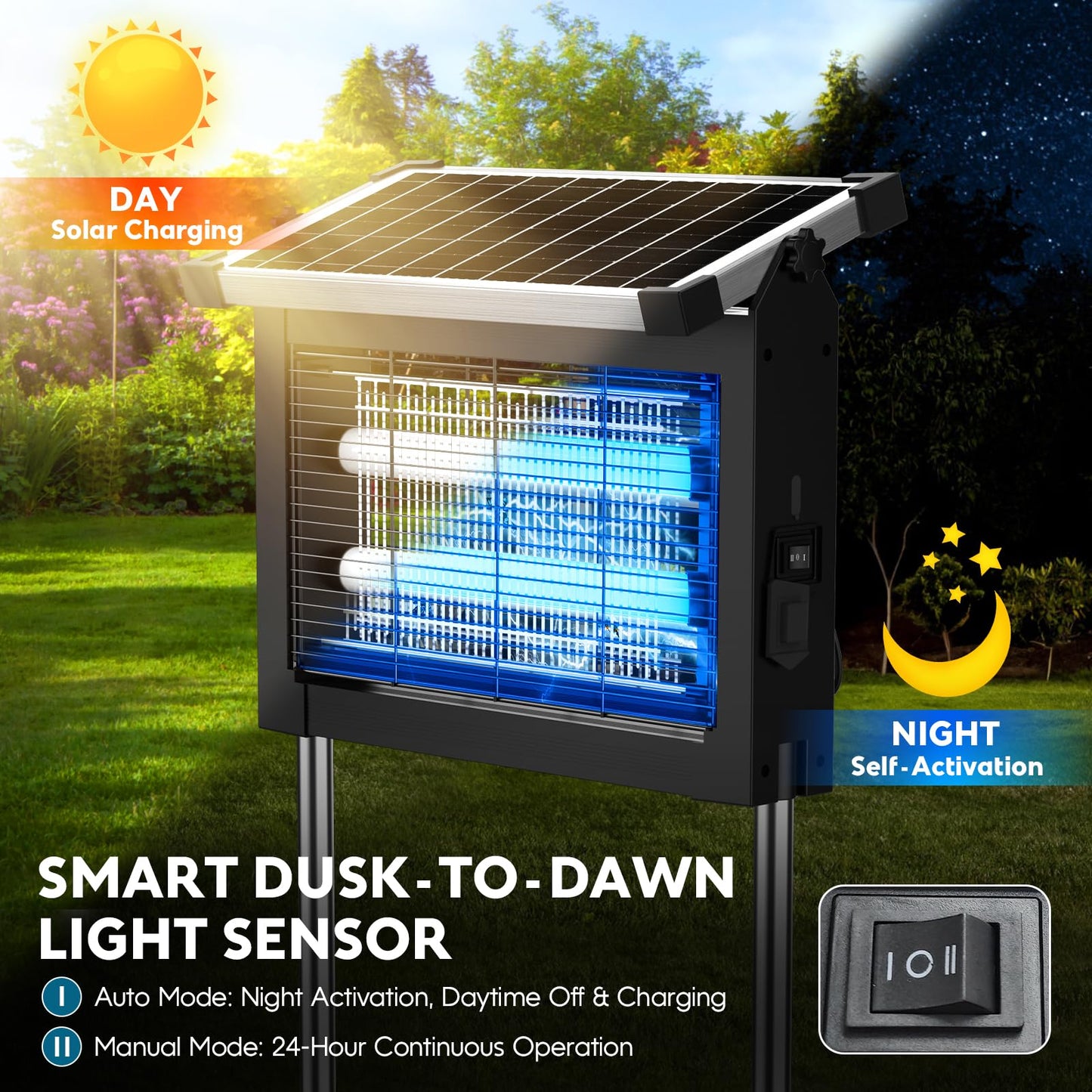 Solar Bug Zapper Outdoor, Waterproof Mosquito Zapper Outdoor Solar Powered, 4500V Electric Bug Zapper Indoor w/Smart Light Sensor, Mosquito Trap Fly Zapper for Patio Kitchen Garage Yard Camping