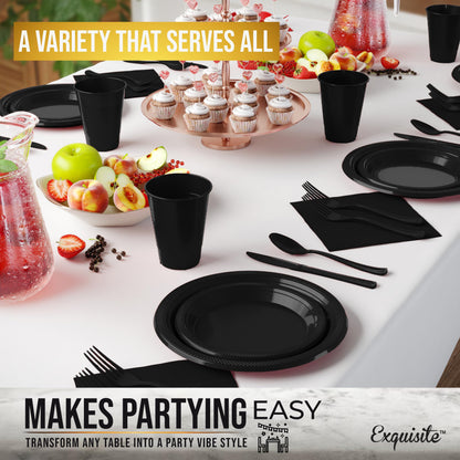 350 Pcs Black Plastic Plates For Party, Black Disposable Plates Set, 50 Of Each 9" Dinner Plate Set, 7" Dessert Plate, Cups, Napkins & Cutlery Plastic Dinnerware Party Solids