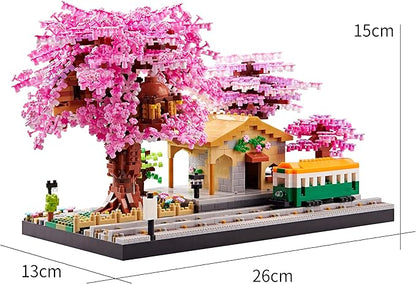 Japanese Cherry Blossom Train Station Micro Building Blocks Set - Creative Mini Bricks Model Kit for Adults (3668 PCS) with Figures