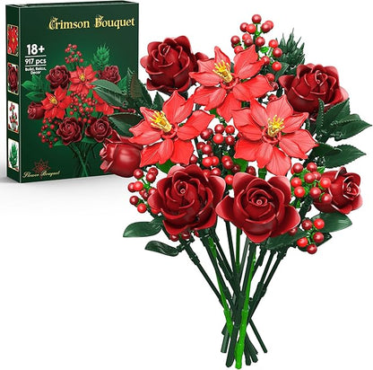 JOJO&ampPeach Flowers Rose Bouquet Building Set for Adults Mom Wife Artificial Poinsettia Botanical Collection for Home Office Display Festive Birthday Gift Toy for Women Girl and Teen 18+ (917PCS