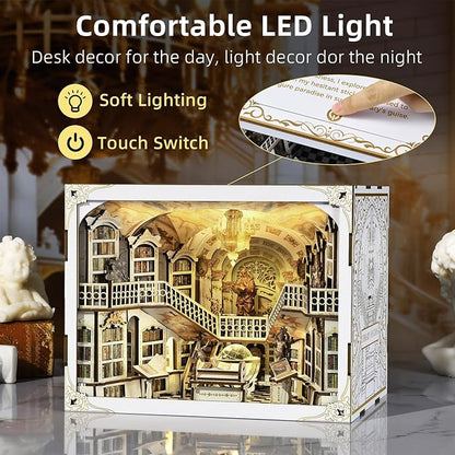 Book Nook Kit DIY DIY Miniature Dollhouse for Adults Beyond Library 3D Wooden Puzzle Bookend Bookshelf Insert Decor with LED Light Gifts for Book Lovers (Library of Gods Max)