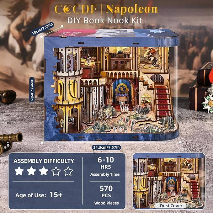 Book Nook Kit DIY Miniature Dollhouse Booknook Kit for Adults and Teens 3D Wooden Puzzle Booknook Tiny House Bookshelf Decor Gifts for Family Friens (Napoleon)