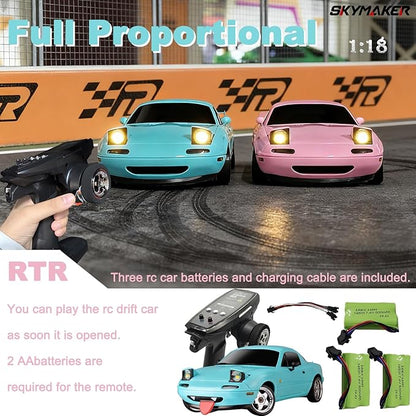 Skymaker 1/18 RC Drift Car with 3 Batteries Mazda MX-5 Miata 2.4GHz LDRC 1804 RWD Drifting Adults with ESP Gyro Pop-up Light (Blue)