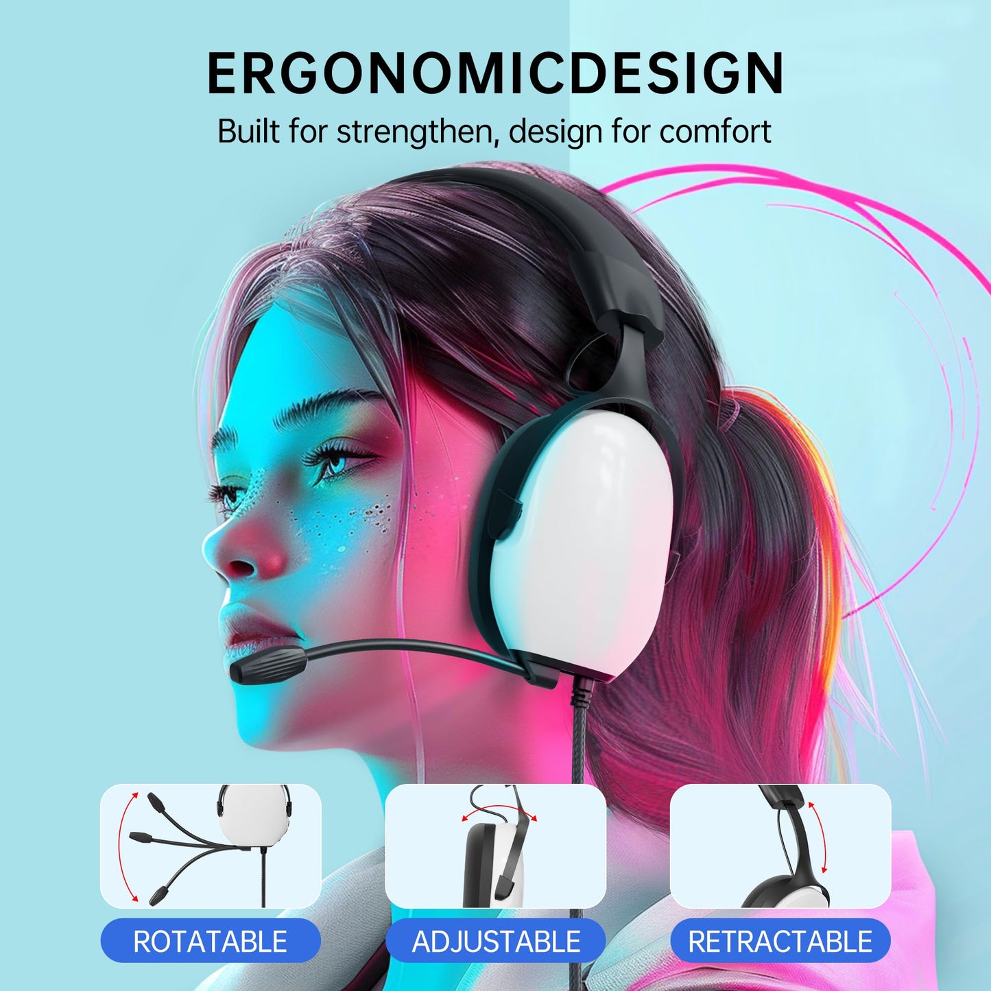 CASLSI Gaming Headsets with Mic for Xbox,PS4,PS5,Switch,PC,7.1 Surround Sound Gmaing Headphones with Noise Cancelling Microphone,50MM Dynamic Drivers, 3.5MM Audio Jack-White