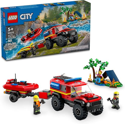 LEGO City 4x4 Fire Truck with Rescue Boat - Building Toy for Boys &amp Girls Ages 5+ - Gift for Birthdays - Truck Toy W/ 3 Minifigures - 60412