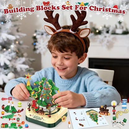 Shemira 594 PCS Christmas Tree Building Block Toy Set Rotating Christmas Music Box Toy Building Sets for Kids Boys Girls Teens Christmas Toys Decoration for Kids Adult Green