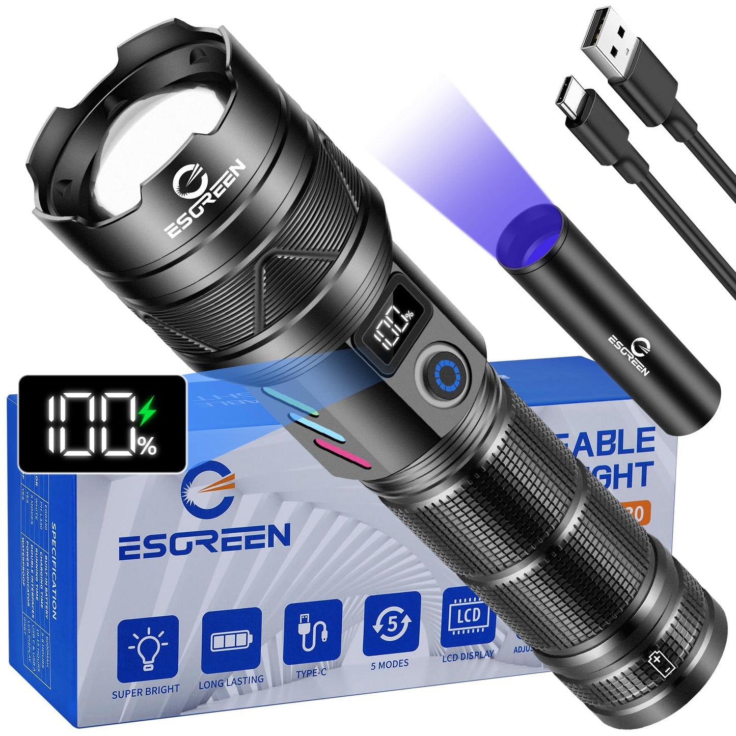 Rechargeable Flashlights 2000 High Lumens, Long Range 5000ft, Super Bright LED Flashlight USB C, High Powerd Multi-Functional Heavy Duty Strong Flash Light High Beam, for Emergency Security Camping