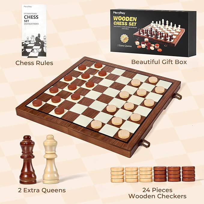 MerryPony 2 in 1 Wooden Chess and Checkers Set Magnetic – 15 inch Folding Board Game with Strong Magnetic Chess Pieces with 2 Extra Queens Portable Travel Beginner Chess Game Set for Adults Family
